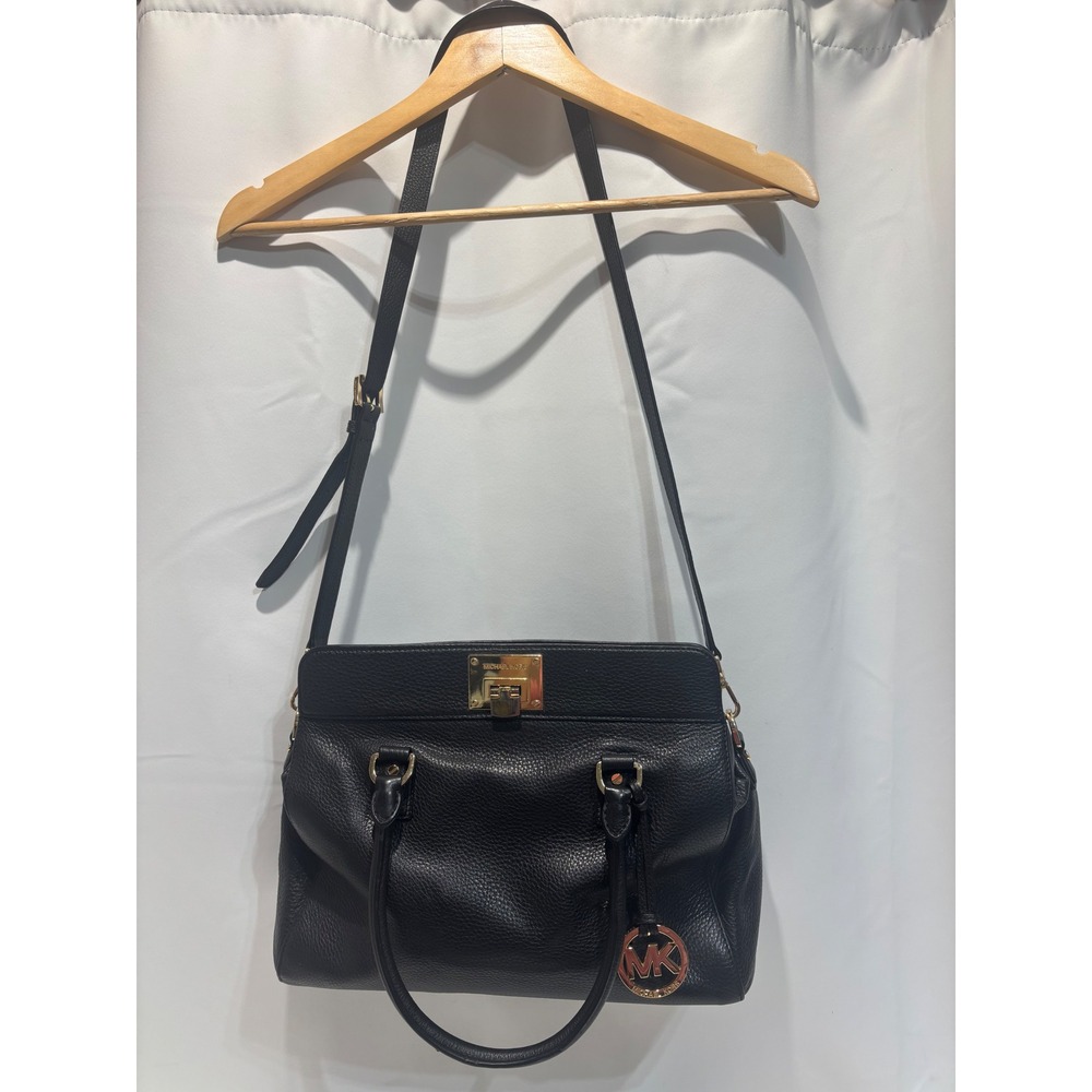 Michael Kors Satchel Women Large Black Pebbled Leather Gold Hardware Crossbody